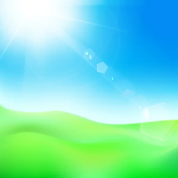 Cerro verde bajo cielo azul con sol . — Vector de stock