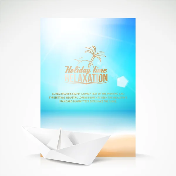 Papper båt, strand, palm på en plats i paradiset. — Stock vektor