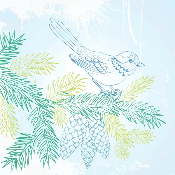 Uccello su abete di Natale e pigna . — Vettoriale Stock