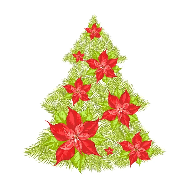 Green spruce made of red poinsettia. — Stock Vector