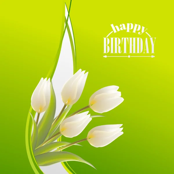 White tulips on a green card for birthday — Stock Vector