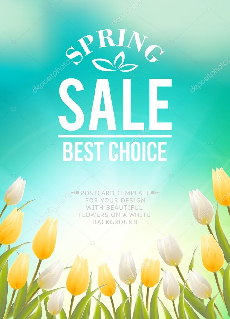 Bright blue sky field of tulips typography