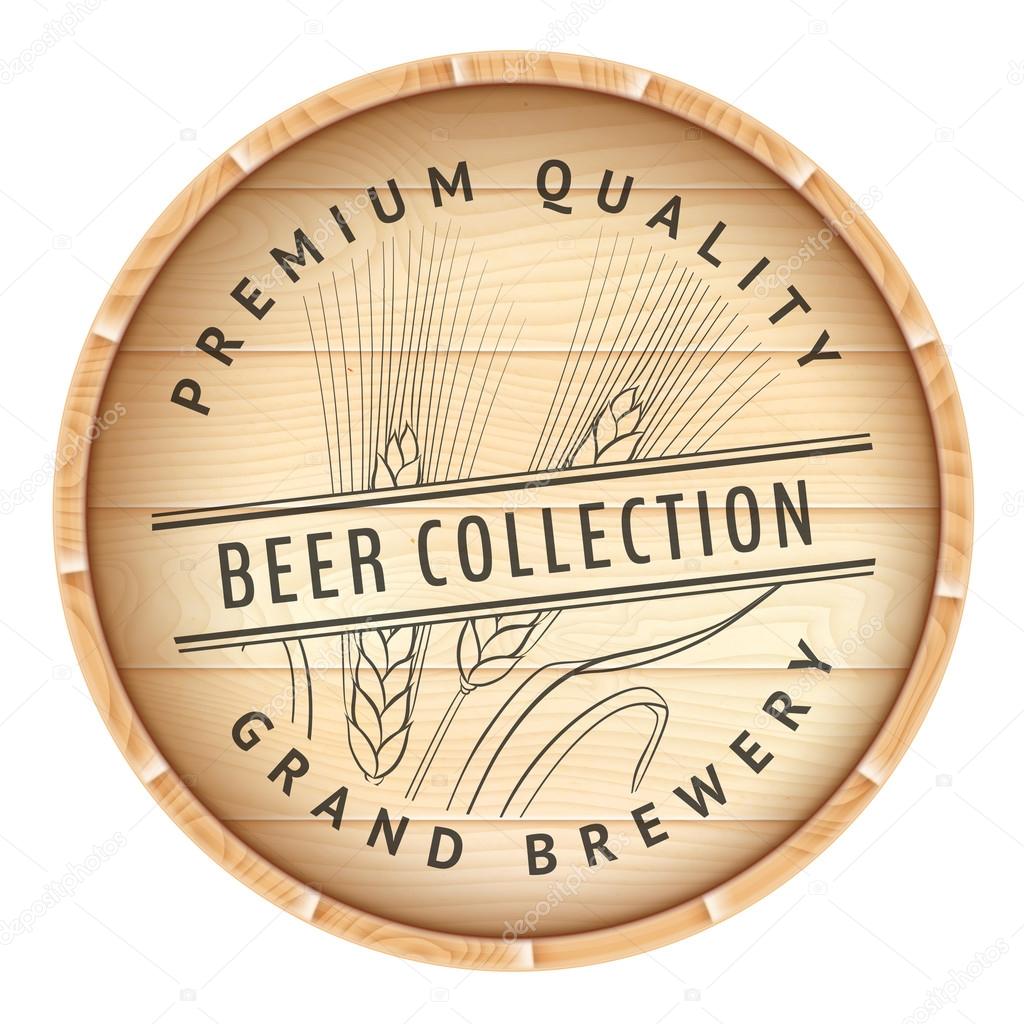 Wooden barrel with wheat logo. Vector illustration.