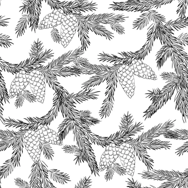 Бесшовный рисунок ели на черно-белом фоне. Рождественская иллюстрация еловых ветвей и конусов. — стоковый вектор