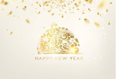 Mektuplu mutlu noel tebrik kartları. Altın konfeti arka plana düşer. Mutlu yıllar. Noel balosu.
