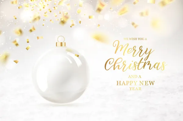 Buon Natale biglietto di auguri con scritte. Sullo sfondo cadono i coriandoli d'oro. Felice anno nuovo. Palla di Natale. — Vettoriale Stock