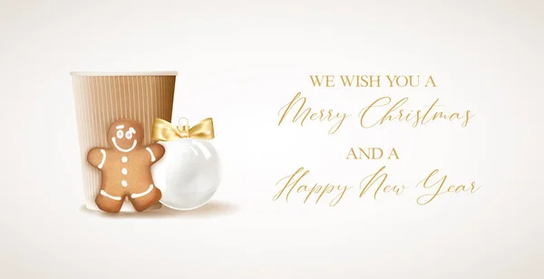 Joyeux Noël carte de vœux avec lettrage. Confettis d'or tombe sur le fond. Bonne année. Boule de Noël. — Image vectorielle