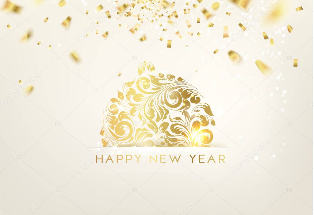 Merry christmas greeting card with lettering. Golden confetti falls on the background. Happy new year . Christmas ball.