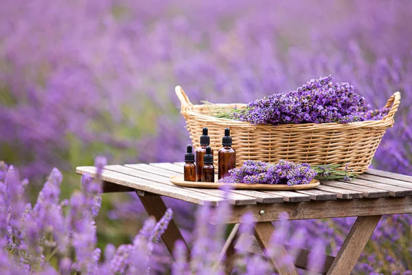 Essential lavender oil in the bottle with dropper on the gray wooden desk. Horizontal close-up. — Stock Photo, Image