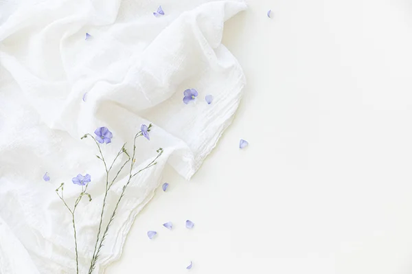 Ανθισμένα λουλούδια λιναριού σε λευκό φόντο σε ανοιχτόχρωμα υφάσματα. — Φωτογραφία Αρχείου