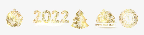 Een set kerstelementen. Handgetekend ornament van gouden kleur. — Stockvector