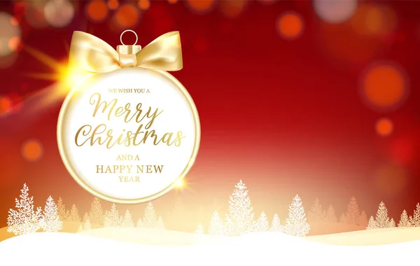 Buon Natale biglietto di auguri con scritte. Sullo sfondo cadono i coriandoli d'oro. Felice anno nuovo. Palla di Natale. — Vettoriale Stock