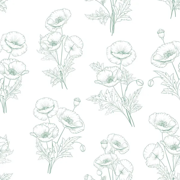 하얀 배경에 있는 양귀비의 꽃에서 나오는 끈적끈적 한 무늬. — 스톡 벡터