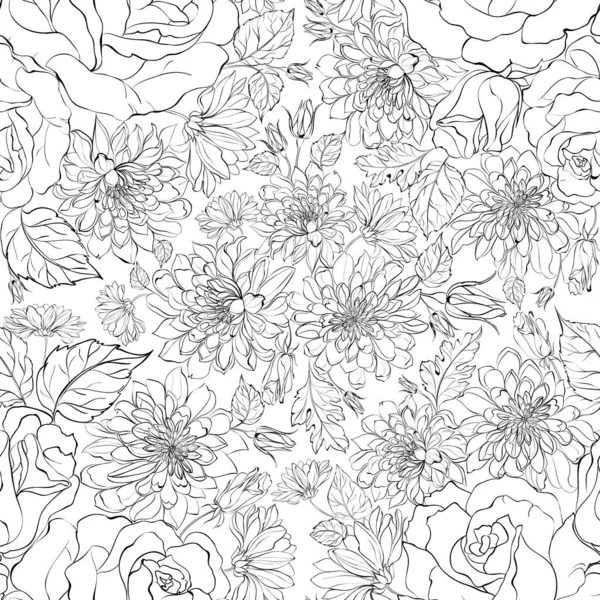 Nahtloses Muster aus Chrysanthemen-Blüten auf weißem Hintergrund. — Stockvektor
