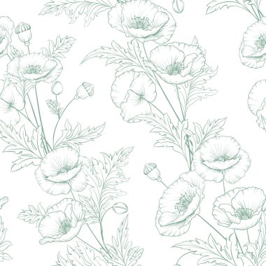 Beyaz arkaplandaki gelincik çiçeklerinin pürüzsüz deseni.