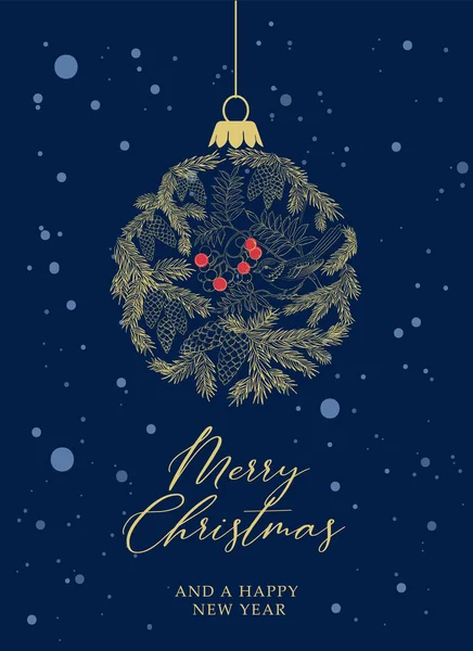 Frohe Weihnachtsgrüßkarte mit Fichtenzweigen. Frohes neues Jahr. Weihnachtskugel. — Stockvektor