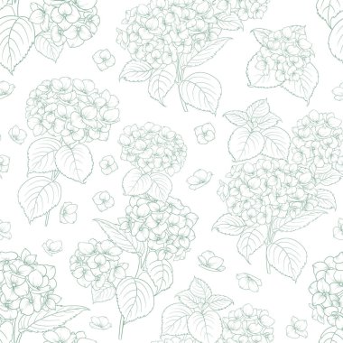 Beyaz arka planda lavanta, gül ve ortanca çiçeklerinin kusursuz deseni.