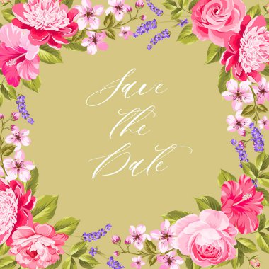 Çiçekli davetiye kartı. Düğün botanik şablonu.