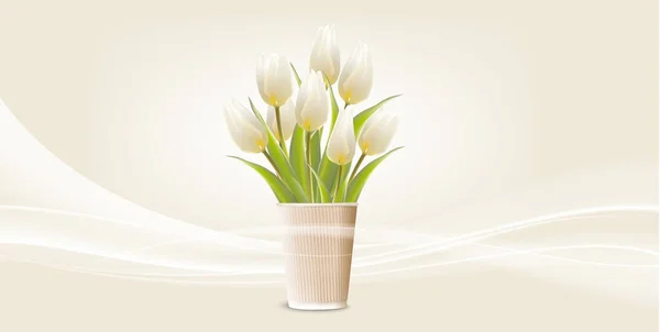 Cartão de casamento com tulipas brancas em um fundo claro. Cartão de convite com flores vetoriais 3d. —  Vetores de Stock