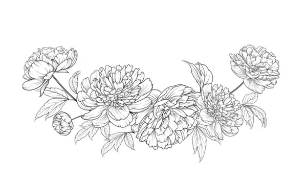 Silhouette noire d'une guirlande de pivoines fleurs. Illustration vectorielle sur fond blanc. — Image vectorielle