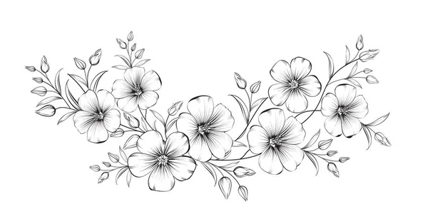 Vektorzeichnung eines Rahmens aus Leinenblumen auf schwarz-weißem Hintergrund. — Stockvektor