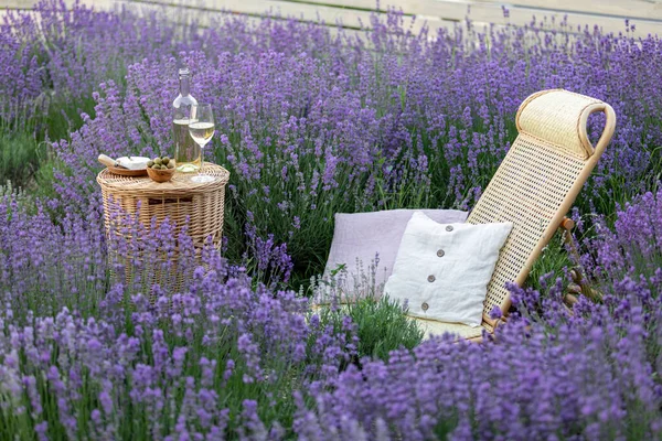 Copo de vinho branco em um campo de lavanda. Flores violetas no fundo. — Fotografia de Stock