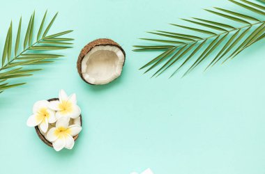 Hindistan cevizi ve palmiye yapraklı tropikal arkaplan.