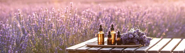 Bottiglia di olio essenziale di lavanda ambra. Campo di lavanda viola in Provenza. — Foto Stock