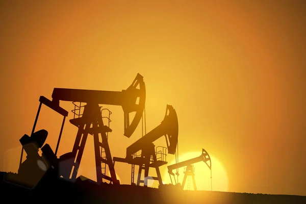 Ölfeld bei Sonnenuntergang. Vektorillustration. Gasindustrie. Dunkle Silhouetten-Bohranlage. — Stockvektor