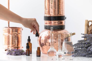 Lavanta özü yağının damıtılması. İskandinav iç mekanında bakır alambik