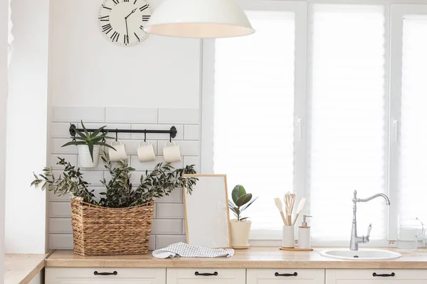 Mock up frame in kitchen interior background. Scandinavian home design
