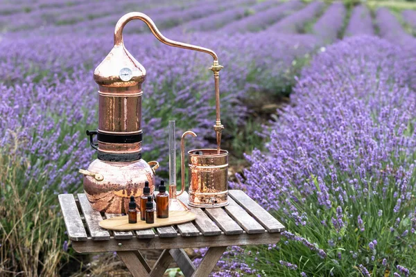 Distillation Lavender Essential Oil Hydrolate Copper Alambic Flowering Field — Stock Photo, Image