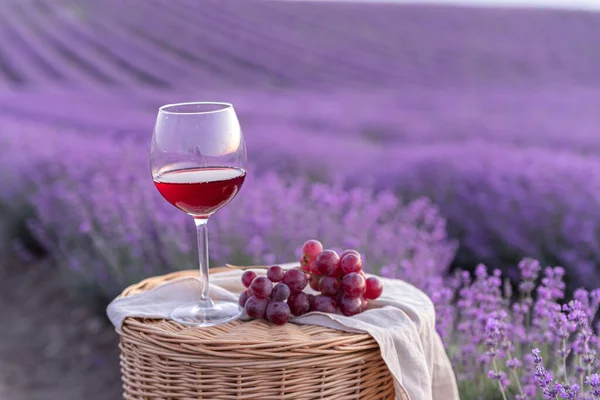 Ett Glas Vitt Vin Ett Lavendelfält Violetta Blommor Bakgrunden — Stockfoto