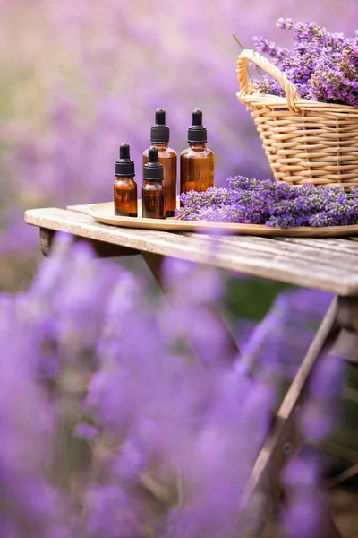 Ätherisches Lavendelöl Aus Bernstein Violettes Lavendelfeld Der Provence — Stockfoto