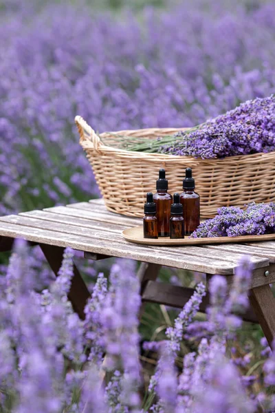 Ätherisches Lavendelöl Aus Bernstein Violettes Lavendelfeld Der Provence — Stockfoto