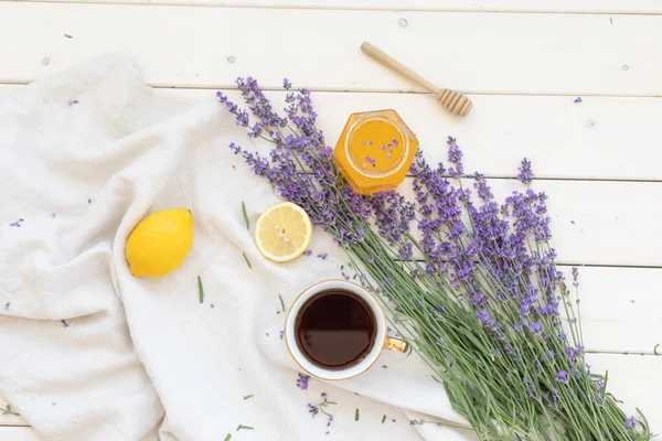 Honey Lavender Bouquets Virus Treatment Concept Black Coffee Wooden Table — Stockfoto