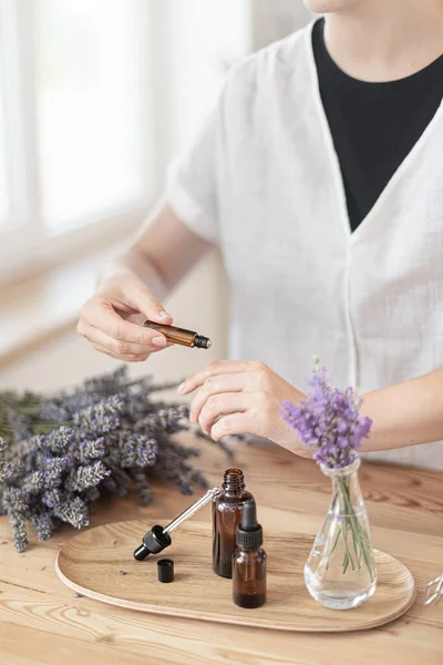 Using Natural Essential Oil Home Spa Ritual Woman Takes Care — Stock Photo, Image