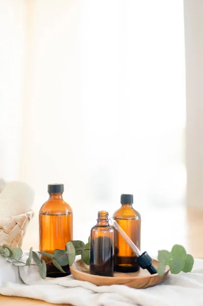 Essential Oils Glass Dark Bottle Skin Body Care Treatment Concept — Stock Photo, Image