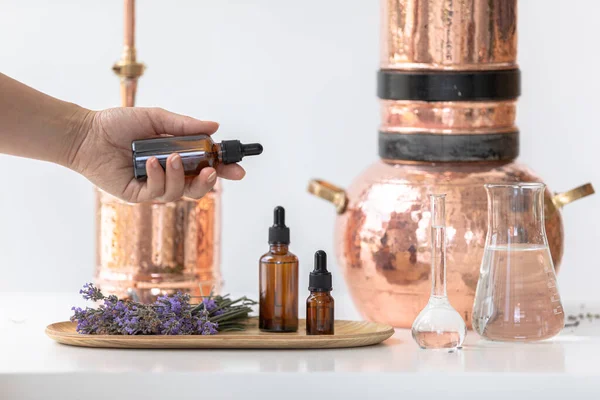 Distillation Lavender Essential Oil Copper Alambic Scandinavian Interior — Stock Photo, Image