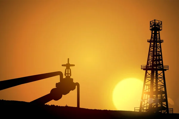 Ölfeld Bei Sonnenuntergang Vektorillustration Gasindustrie Dunkle Silhouetten Bohranlage — Stockvektor