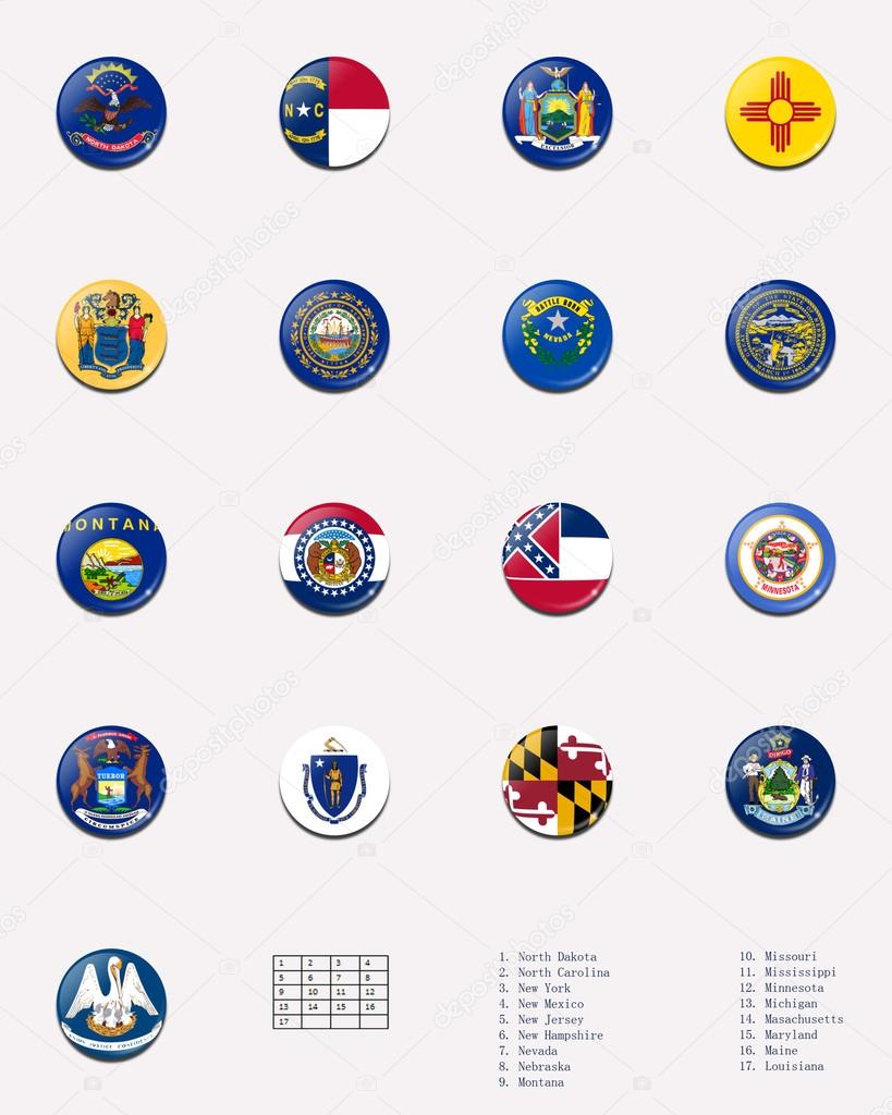 This picture shows a flag ball/stamp made for the whole states flags in UNITED STATES. With a description of each flag's name.