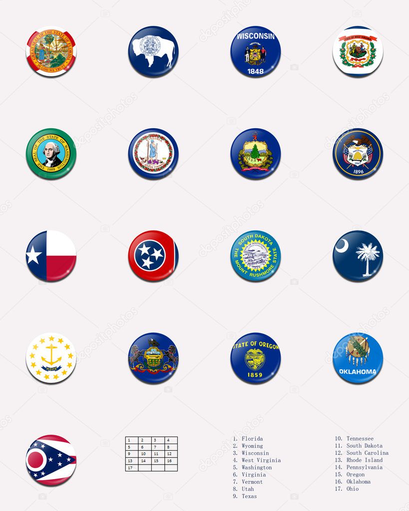 This picture shows a flag ball/stamp made for the whole states flags in UNITED STATES. With a description of each flag's name.