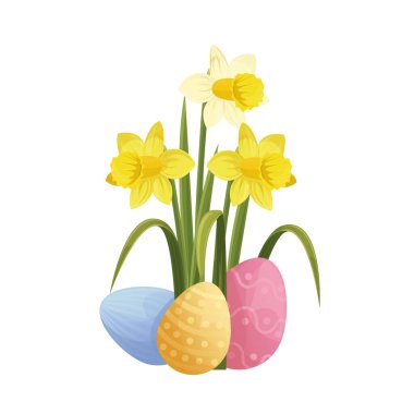 Yeşil çimenler üzerinde dekoratif Paskalya yumurtaları, vektör illüstrasyonu