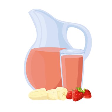 Çilekli smoothie tarifi. Meyve suyu bardağı. Sağlıklı yiyecekler. Dilimlenmiş muz ve çilek.