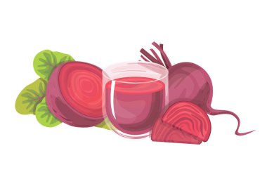 Beyaz arka planda pancar suyu. Meyve suyu bardağı. Vektör düz çizim. Sağlıklı yiyecek, içecek..