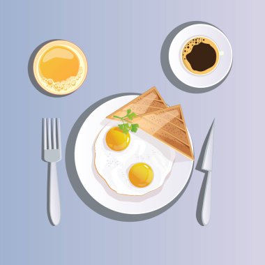 Kahvaltı kavramı. İştah açıcı leziz kahvaltı kahve kızartılmış yumurta, sosis, kruvasan ve kızarmış ekmek dilimleri ile Vektör çizim düz tasarımı. Arka plan damalı masa örtüsü üzerinde izole