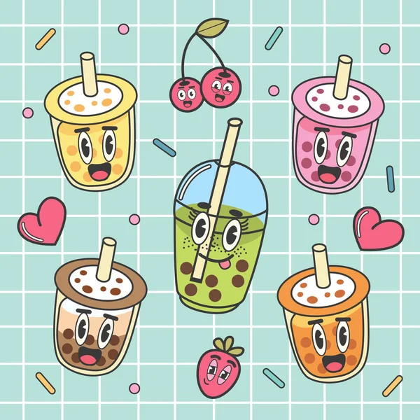 Bubble milk tea illustration drôle. Boissons souriantes kawaii dessinées à la main. — Image vectorielle