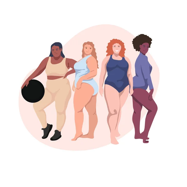 Körper positiv. Glückliche übergewichtige Frauen in Badeanzügen — Stockvektor