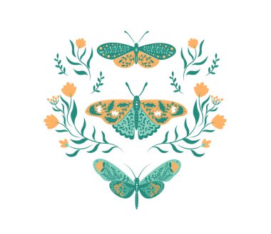 Kelebekli, çiçekli, dallı, yapraklı yaz tebrik kartı.