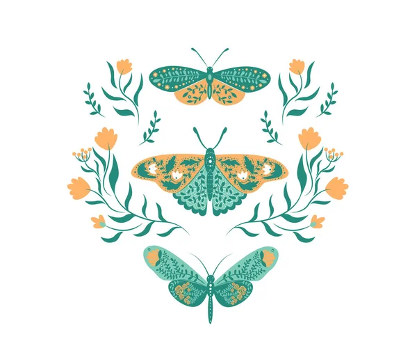 Kelebekli, çiçekli, dallı, yapraklı yaz tebrik kartı.